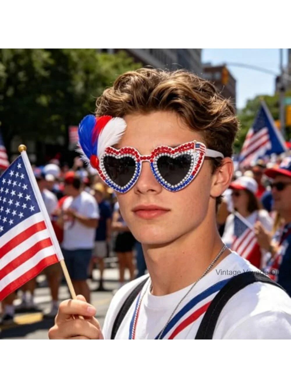Patriotic USA Flag Heart Rhinestone Sunglasses for Women Men UV400 Protection